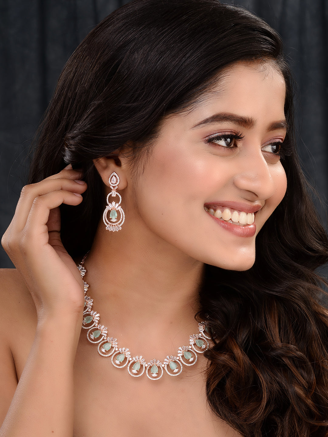 Rosegold Plated Mint AD studded Necklace Earrings Jewellery Set, zaveri pearls, sale price rs, sale price, sale gold plated, sale gold, sale, rubans, ring, regular price, priyassi jewellery,